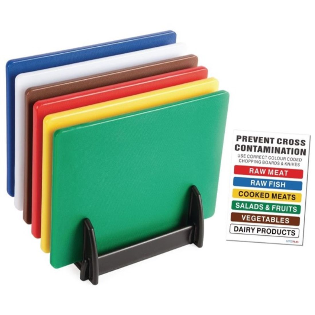 Set of 6 Large Colour Coded Chopping Boards With Plastic Rack and Wall